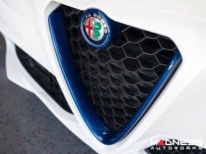 Alfa Romeo Giulia Front V Shield Grill Frame + Emblem Frame Kit - Carbon Fiber - QV Model - Blue Candy